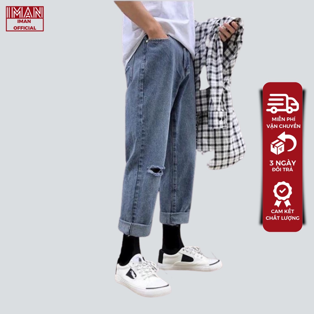 Quần bò jean baggy nam rách 1 gối hot boy hàn quốc 2022