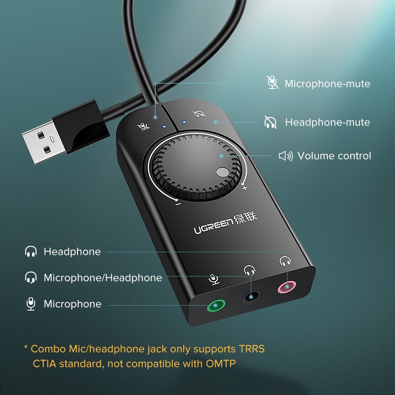 Ugreen USB External Stereo Sound Card Adapter Computer Laptop PS4 Headset Microphone Speaker 3.5MM