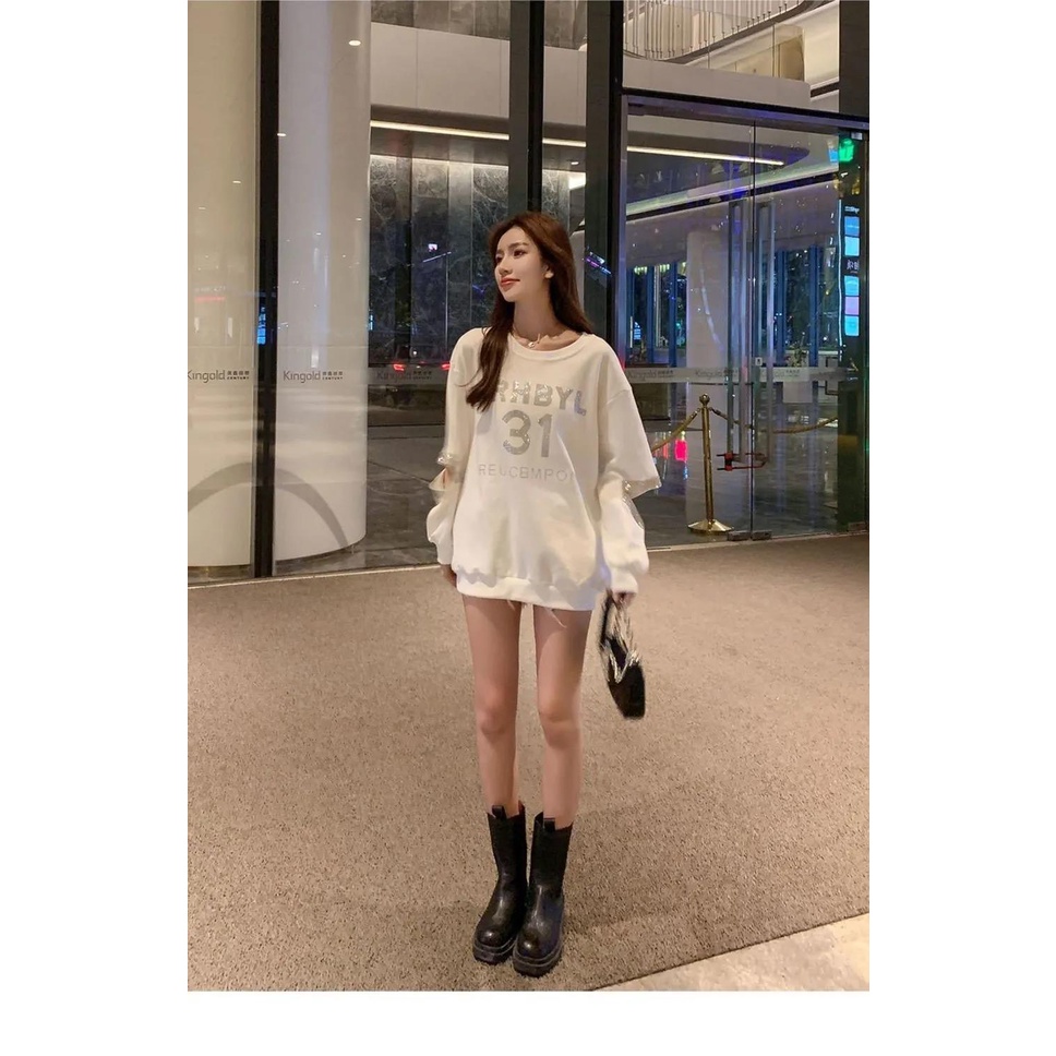 Áo Sweatshirt Khoét Lỗ Dáng Rộng Tay Dài Lấp Lánh Phong Cách Hàn Quốc Thời Trang Mùa Thu Cho Nữ