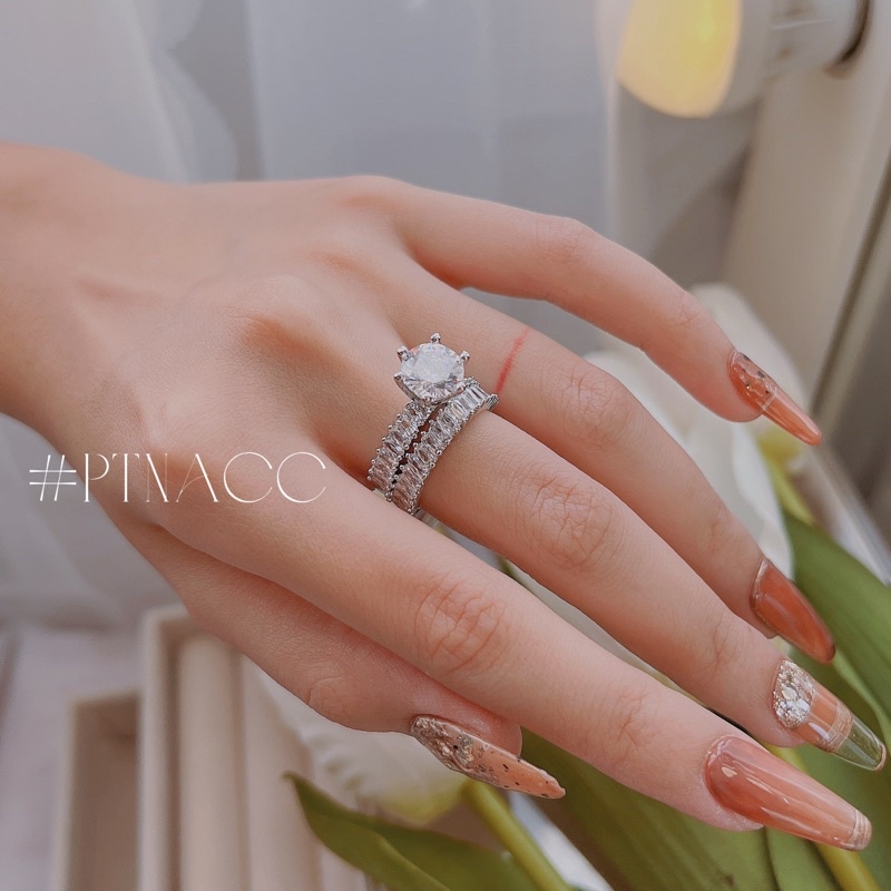 Set nhẫn paguet xi bạch kim, xi mạ vàng, bộ nhẫn 2 chiếc đính đá paguet nhỏ đơn giản .PTNACC.