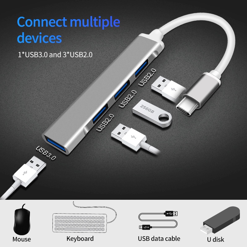 Bộ Chuyển Đổi Hub Cổng USB Type C Bằng Kim Loại Sạc Truyền Dữ Liệu Tốc Độ 5Gbps Chia 4 Cổng USB 3.0 Cho Máy Tính