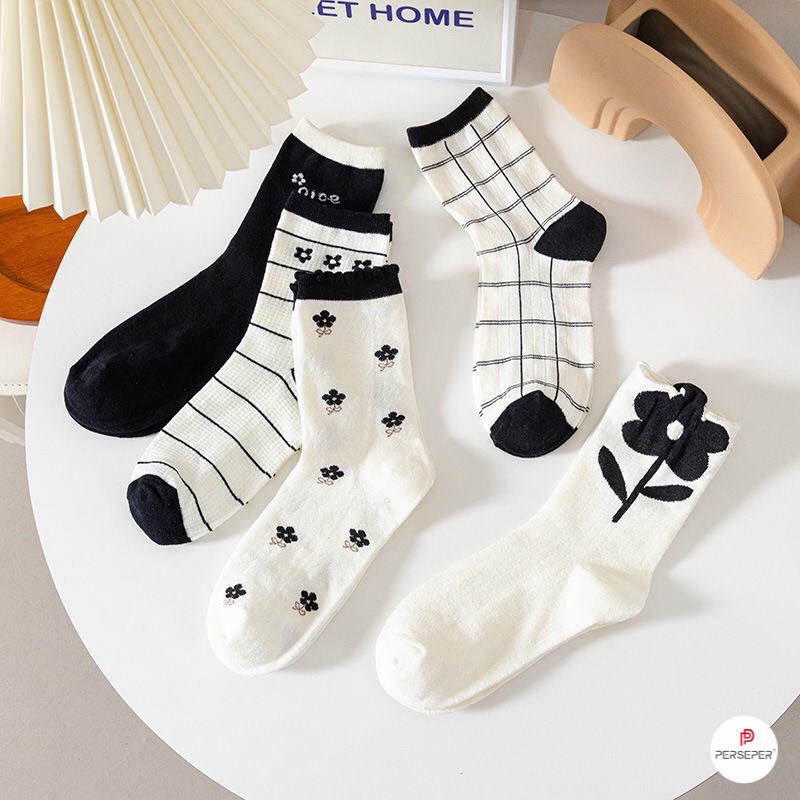 Tất cổ cao nữ phong cách Hàn Quốc cá tính, set 5 đôi vớ tất nữ cực xinh - Cherry Shop