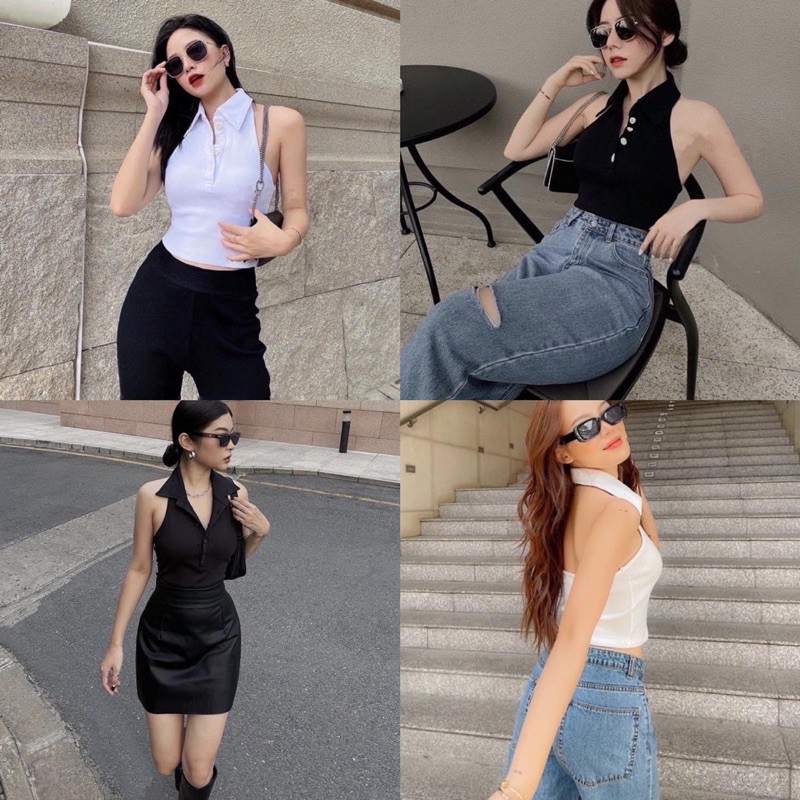 Áo Lửng Không Tay Cổ Tim Phong Cách Quyến Rũ Cho Nữ♥️ Áo Croptop Polo cài nút Hở lưng { Hình +clip thật 1000% }