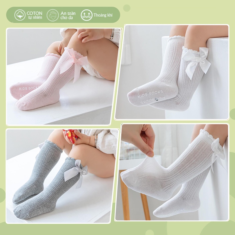 Tất dài đến đầu gối chất COTTON mềm mát đính nơ dễ thương cho bé gái 0-3 tuổi