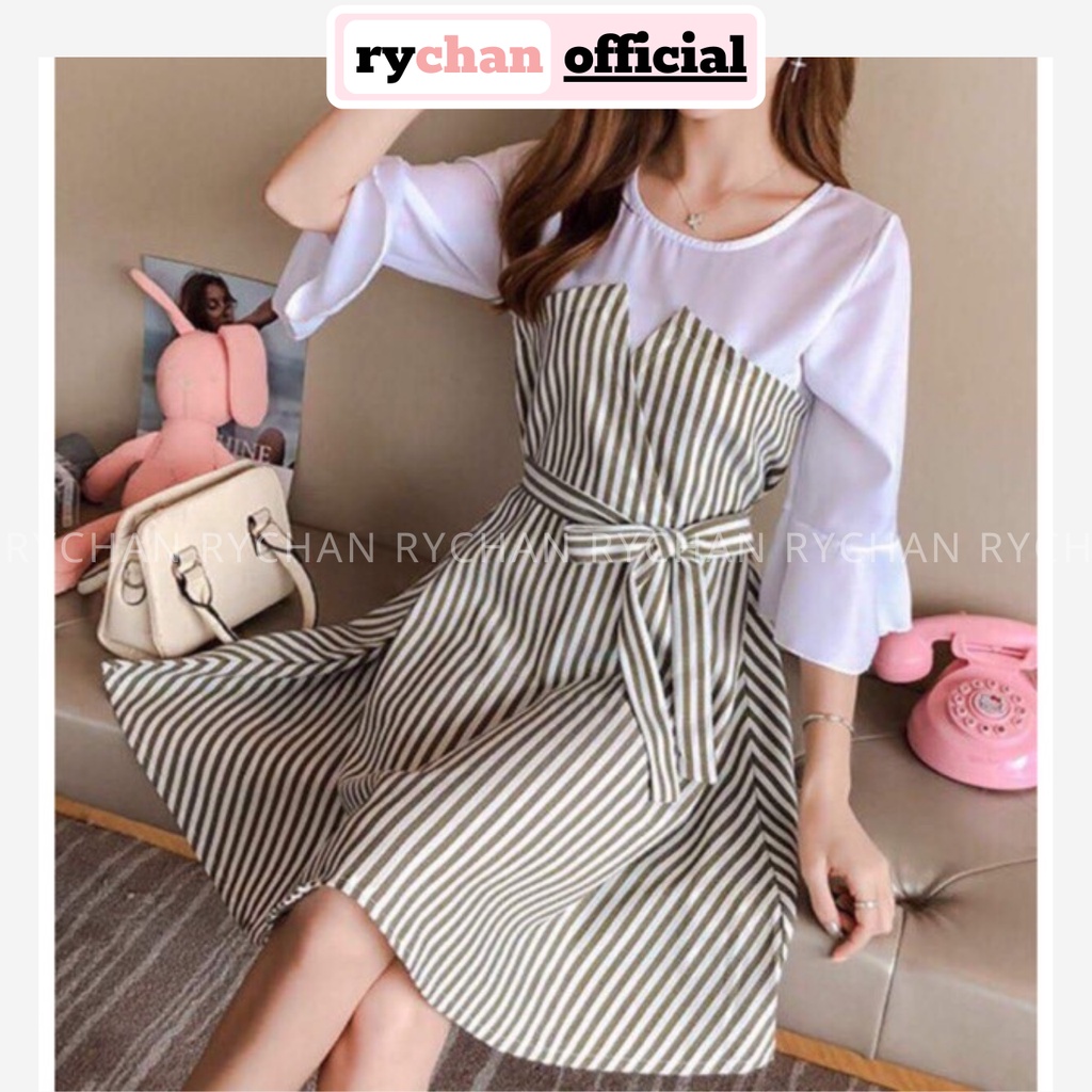[ẢNH THẬT CUỐI] DX684 - Đầm Xòe Sọc Rêu Phối Trắng Cột Eo