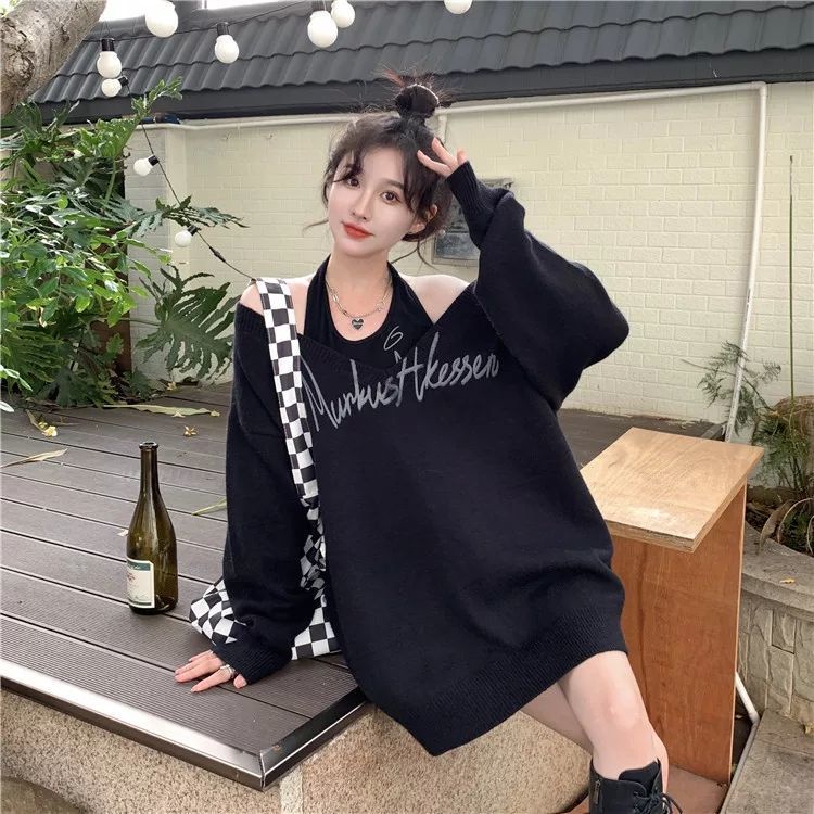 Bộ áo dệt kim cổ chữ V dáng rộng + áo khoác sát nách thời trang mùa thu phong cách mới cho nữ năm 2021