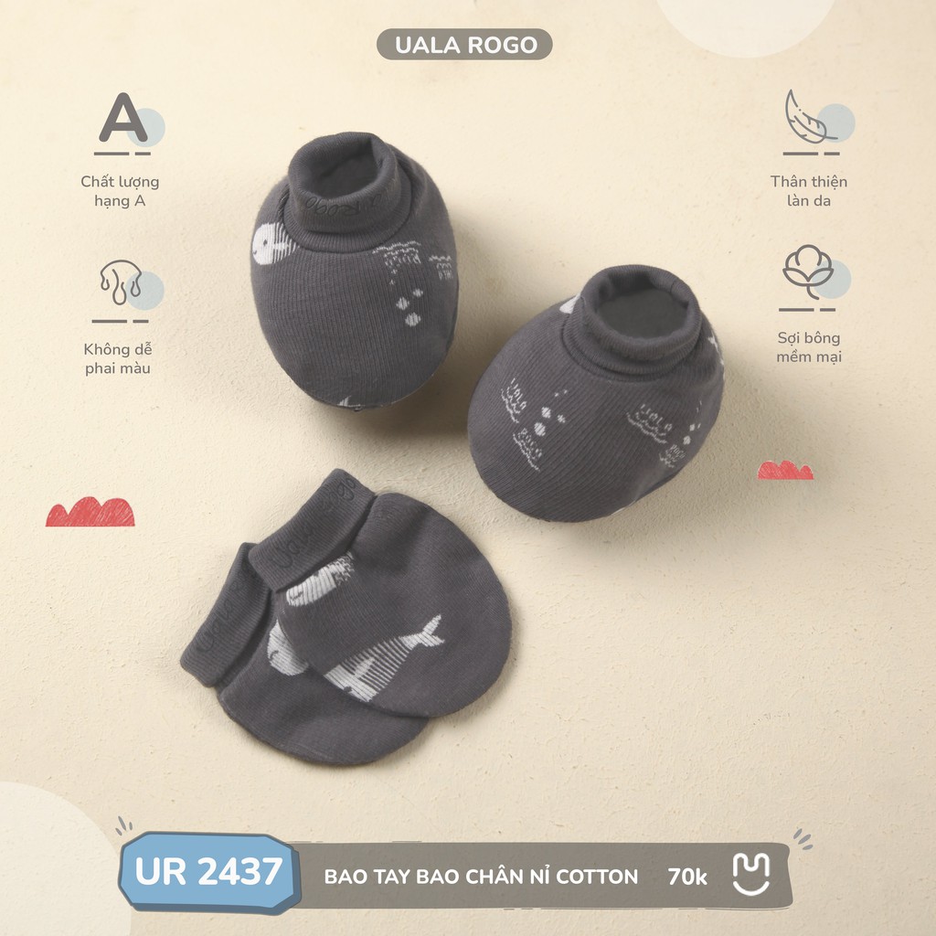 Set bao tay bao chân Uala rogo 0-6 vải nỉ cotton thấm hút bo chun mềm mịn giữ ấm bảo vệ khỏi xước va chạm