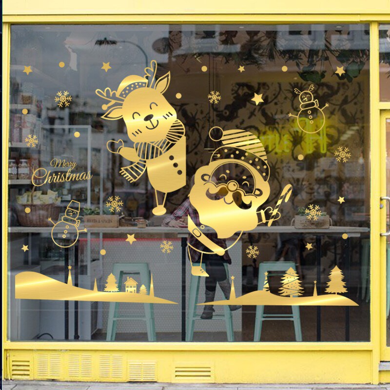 Decal trang trí tường Noel - Ông già noel tuần lộc nhí chào lễ ánh vàng cao cấp ( size lớn )
