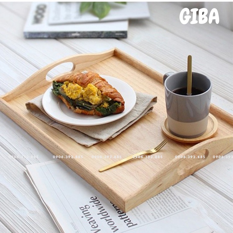 Khay gỗ đựng đồ ăn có tay cầm, Khay đựng trà bánh phụ kiện chụp ảnh decor món ăn Giba