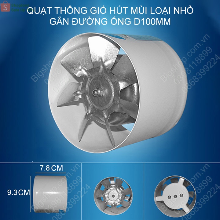 Quạt thông gió 4inch gắn đường ống D100mm, gắn tường đa năng