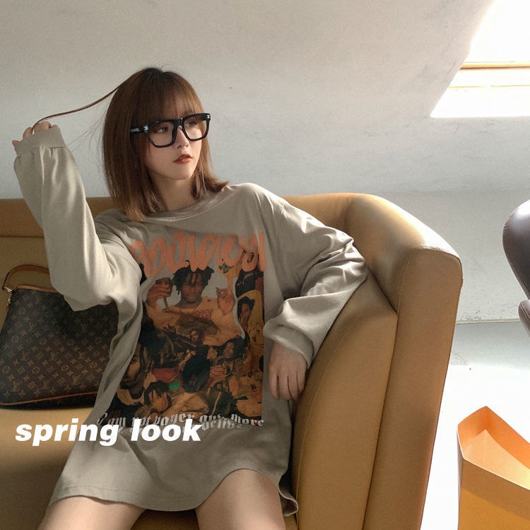 Áo thun Cotton tay dài dáng rộng thiết kế mới phong cách Retro