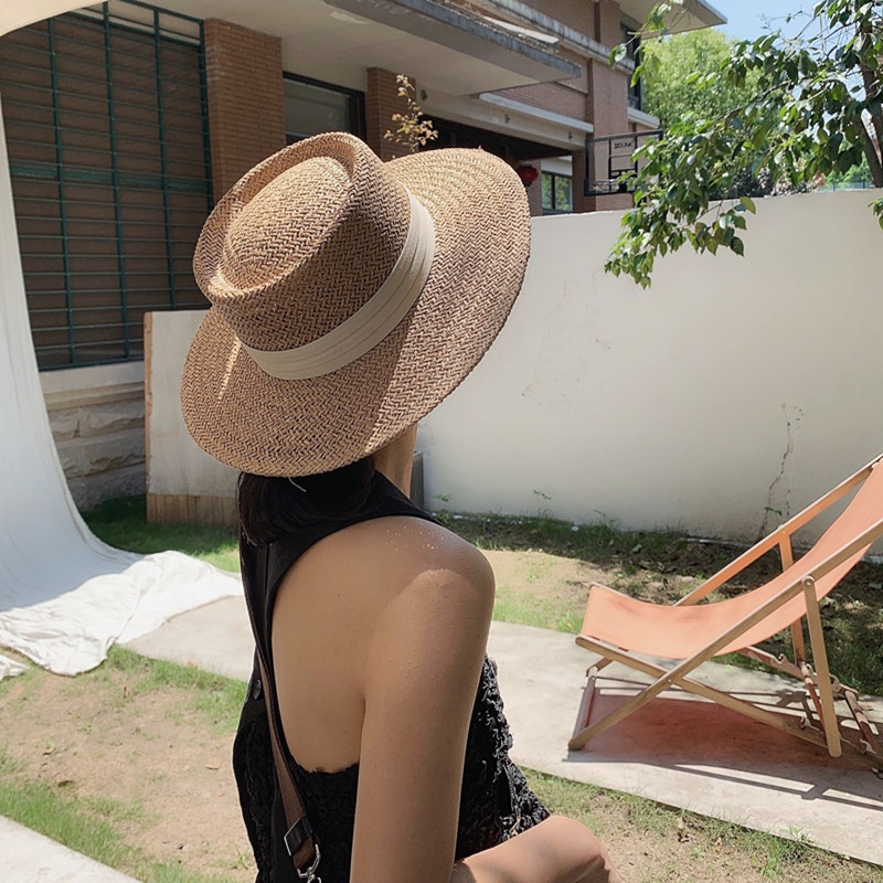 Mũ cói nữ mũ gaucho gắn ruy băng xếp nếp đai trắng đen form cứng hàng QC hot 2022