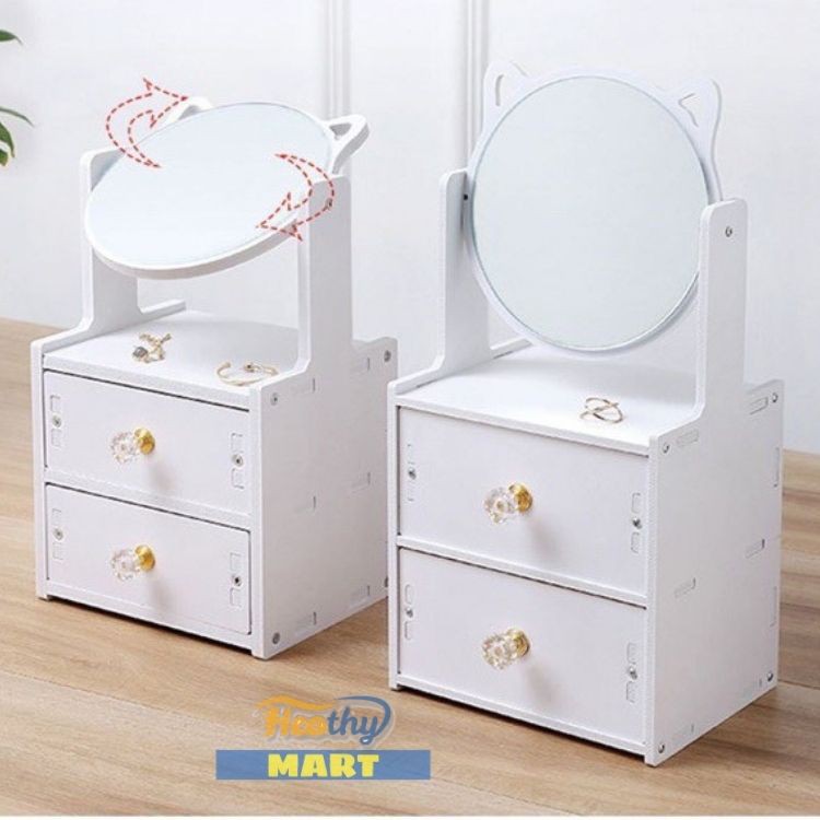 [Sale] Bàn Trang Điểm Mini Có Gương Mèo Bằng Gỗ Nhựa Để Phòng Ngủ - Màu Trắng Nhỏ Gọn Đựng Mỹ Phẩm 27 x 17x 13