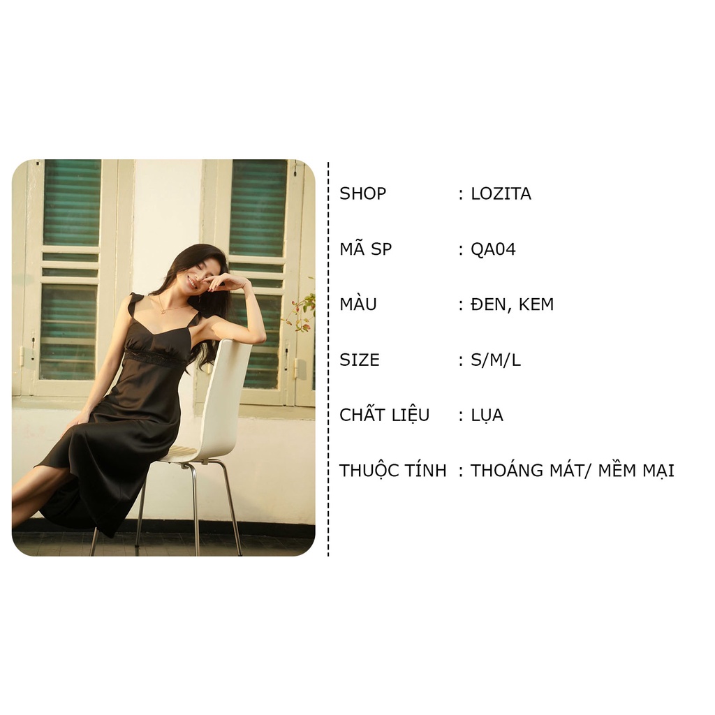 Váy 2 dây lụa phối ren cao cấp mềm mại dáng dài mặc nhà Mialala LOZITA QA04