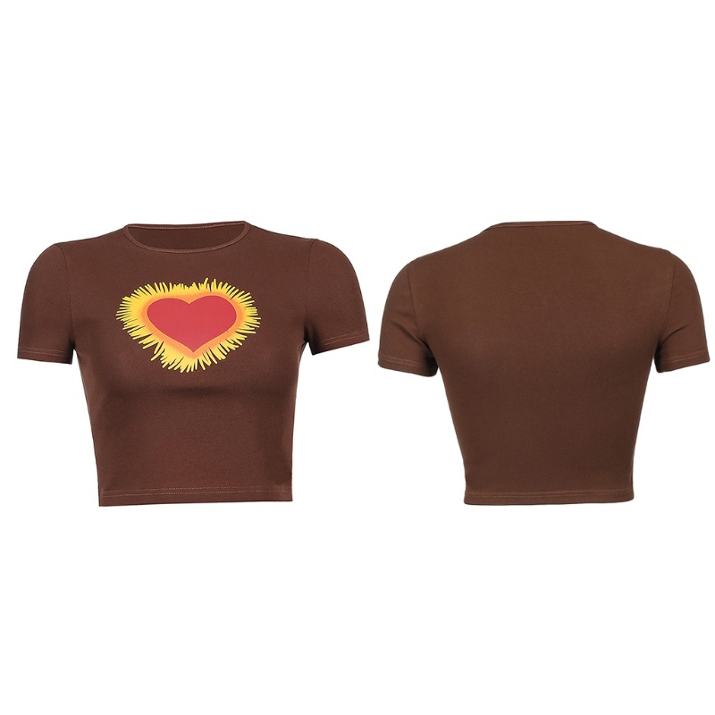 Áo Thun Tay Ngắn Cổ Tròn In Hình Trái Tim Phối Tua Rua Phong Cách Harajuku Dễ Thương Cho Nữ