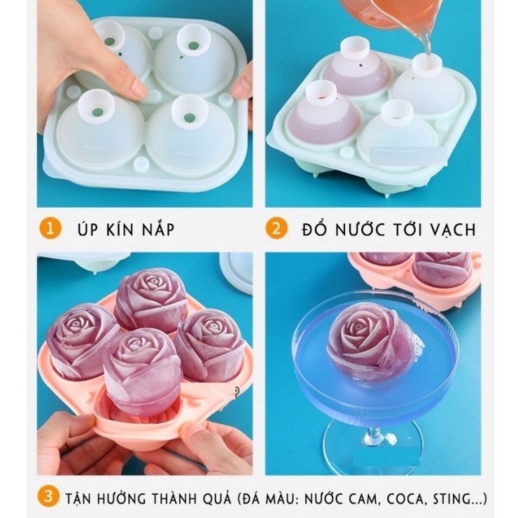 Khay Đá Hoa Hồng Tủ Lạnh 4 Viên Có Nắp Đậy, Khuôn Làm Thạch Hoa Quả Hình Hoa Hồng Có Nắp Đậy Tiện Lợi