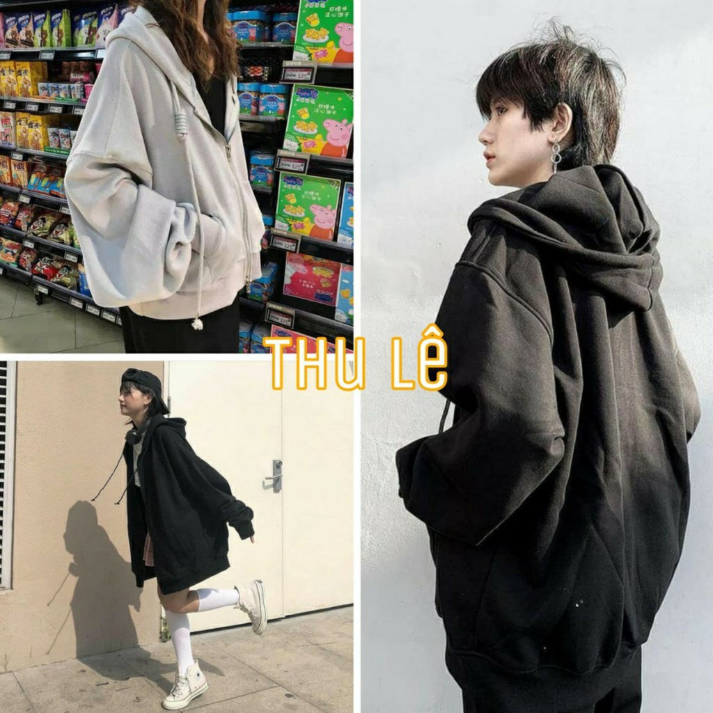 🌸 Phông thun dài tay bồng khóa kéo có mũ ulzzang màu Đen | Xám nam nữ HOT 🌸
