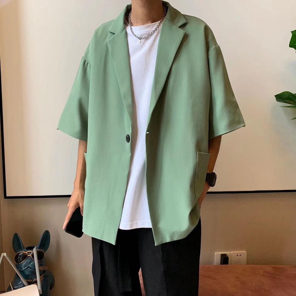 Áo Khoác Vest Tay Ngắn Dáng Rộng Màu Trơn Phong Cách Nhật Hàn Thời Trang Mùa Hè Cho Nam Size M-2XL
