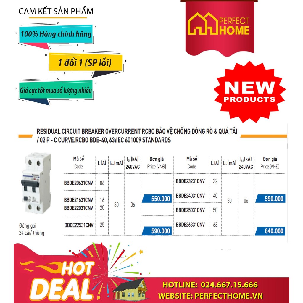 RCBO cầu dao bảo về quá tải - ngắn mạch & chống dò BBDE22031CNV, BBDE23231CNV, BBDE24031CNV, BBDE250