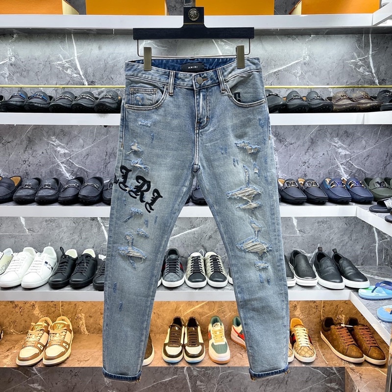 ✨ChUẨN 1:1✨Quần Jeans Akiri Nam ống côn rách gối phối da_Quần bò Nam Amiri rách gối đính đá New