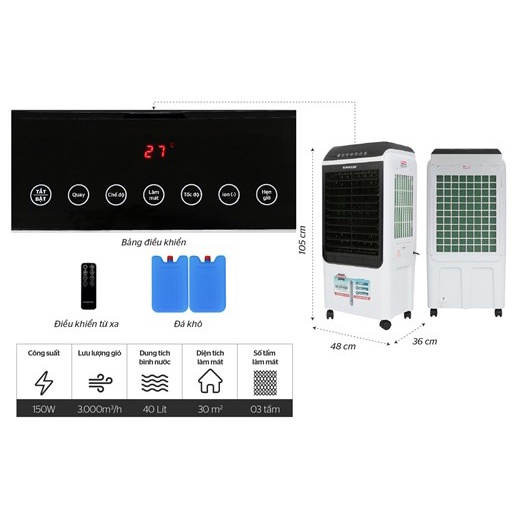Quạt điều hòa hơi nước Sunhouse SHD7727 Trưng bày Mới 99% -Công suất 150W- Bình nước 40 lít, Bảo hành 12 tháng