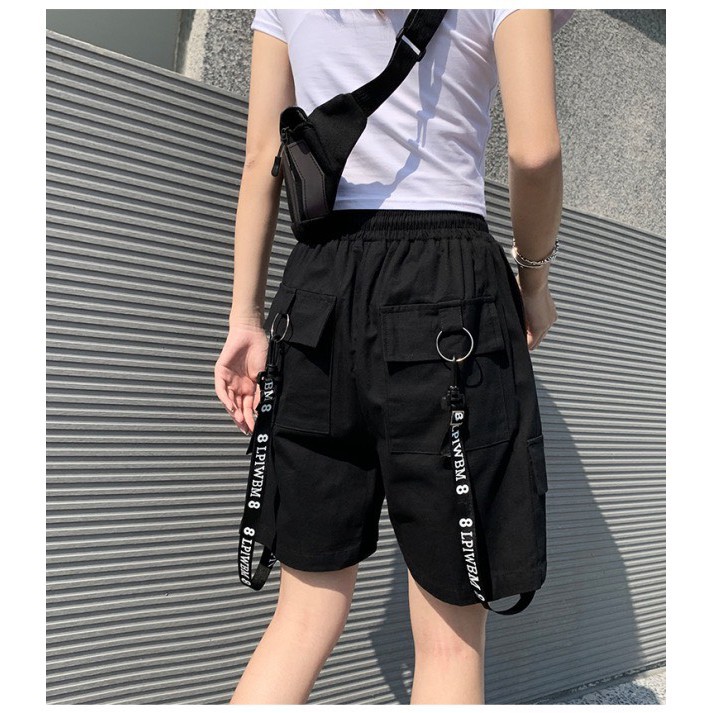 ⚡️VẢI ĐẸP - ẢNH THẬT⚡️Quần short Túi Hộp Pant phản quang phối dây Unisex, QUẦN ĐÙI LỮNG NAM NỮ CHẤT KAKI ĐEN ་