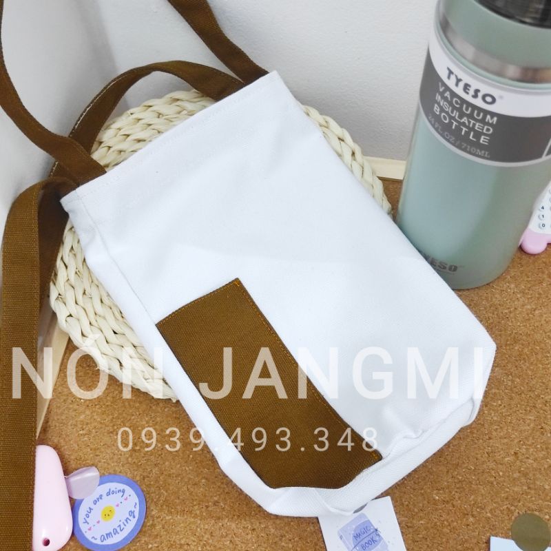 Quai Vải Túi Đeo Chéo Đựng Ly Giữ Nhiệt Phối Màu Nâu Vải Canvas Dây Đai Mỏng