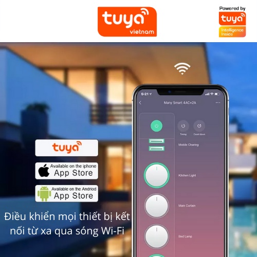 Ổ Cắm Dài Thông Minh Wifi TUYA 4 Chấu & 2 cổng USB, điều khiển độc lập  app Tuya Smart Life, Hẹn giờ Bật Tắt