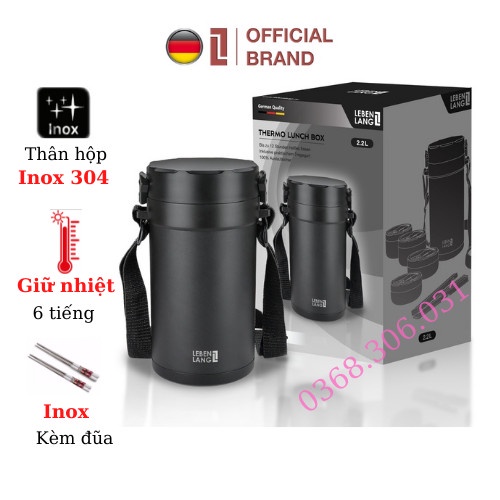 Bộ hộp cơm giữ nhiệt LEBENLANG LBT856 bằng inox nắp bằng nhựa PP và đũa Inox, gồm 4 khay riêng biệt dung tích 2.2L