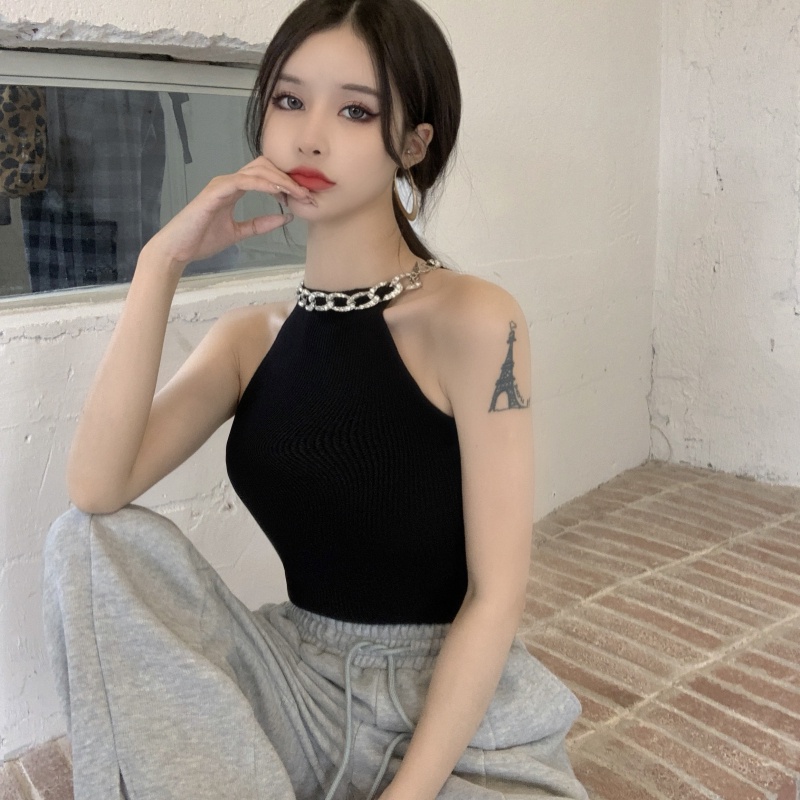 Áo kiểu ZHELIHANGFEI cổ yếm không tay dệt kim ôm dáng vừa vặn hở lưng thời trang mùa hè xinh xắn dành cho nữ