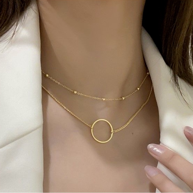 Dây chuyền hai lớp bằng thép titan mạ vàng 18K phối mặt hình tròn cao cấp thời trang cho nữ