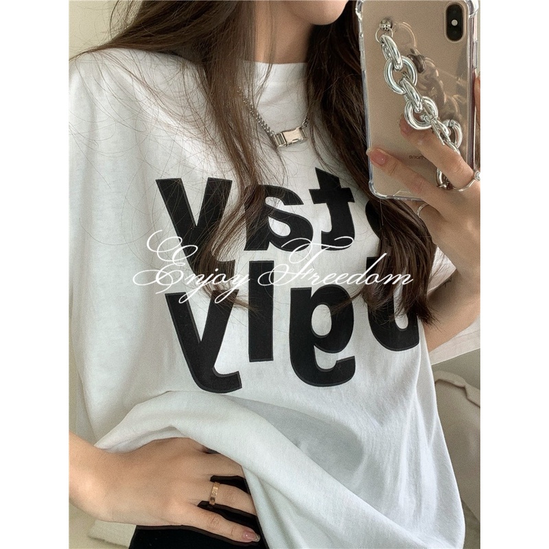 Enjoy Freedom Áo Thun Tay Ngắn Dáng Rộng In Chữ Phong Cách Hàn Quốc Cá Tính Cho Nữ