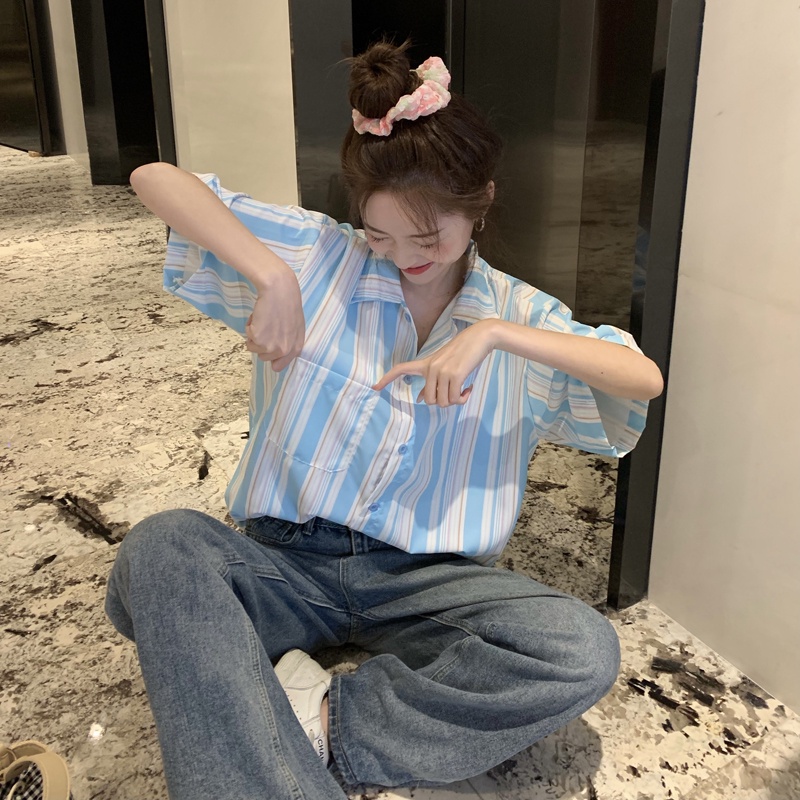 Áo sơ mi SUXI ngắn tay form rộng họa tiết sọc phong cách cổ điển dành cho nữ