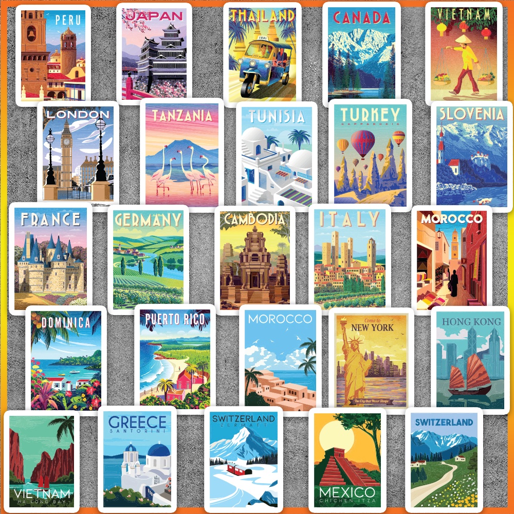 Set 52 cái Sticker Travel Vintage Retro chống nước, hình dán du lịch các nước dán laptop, vali, điện thoại