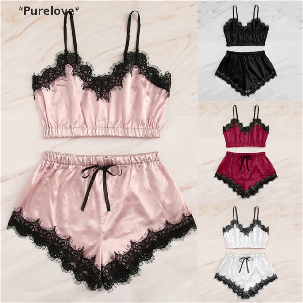 Bộ Đồ Ngủ Áo Hai Dây Phối Ren + Quần Short Vải Satin Quyến Rũ Cho Nữ