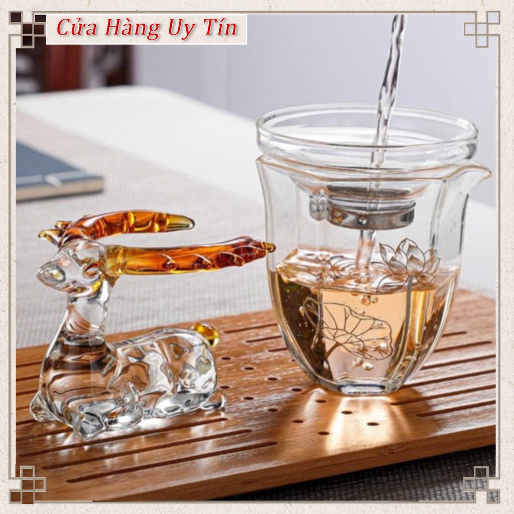 Tống thủy tinh khảm họa tiết, Lọc Trà Thủy Tinh Hươu Cao Cấp- màng lọc inox 304 rất bền