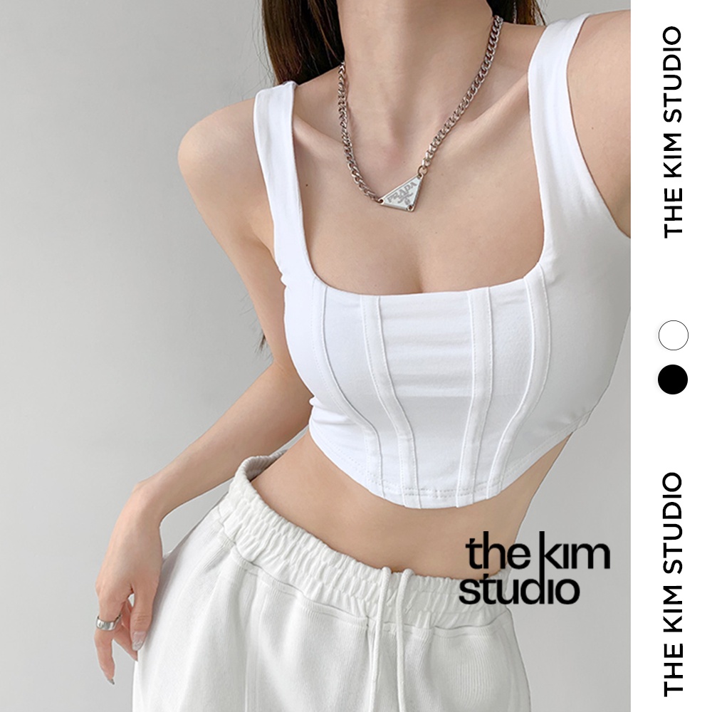 Áo croptop hai dây kiểu croset vạt bầu TheKim , áo thun 2 dây croptop cổ vuông A145