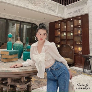 Áo sơ mi cột nơ ngực nhún eo {video& hình chụp thật}