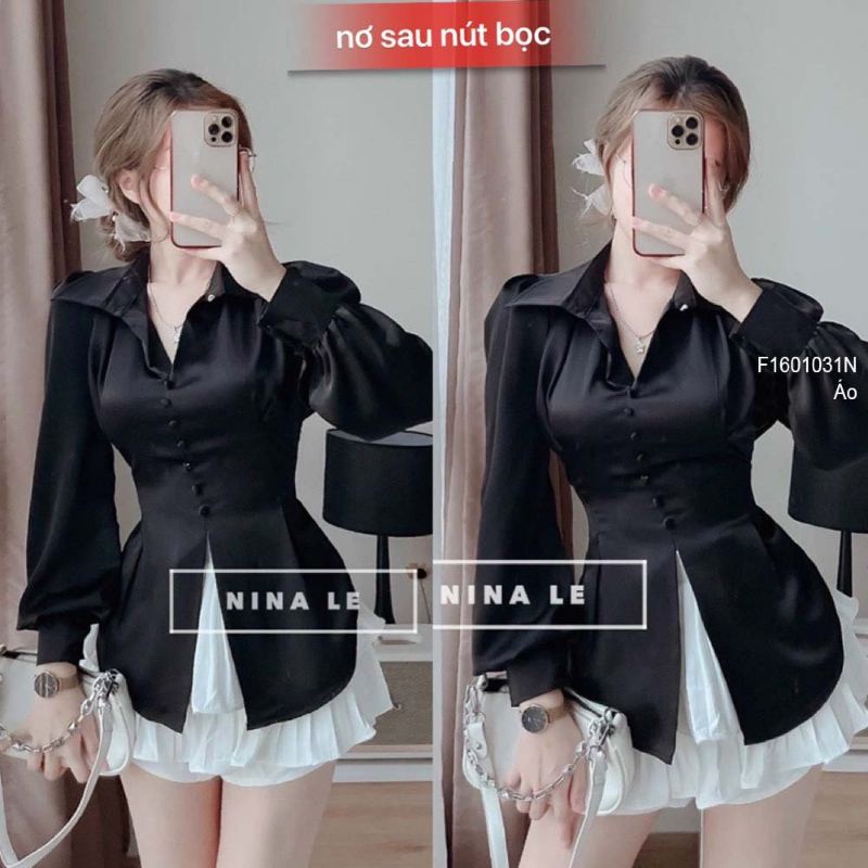 Áo sơ mi lụa khuy bọc xẻ tà trước cột nơ lưng tay dài gài nút siêu hot 1601