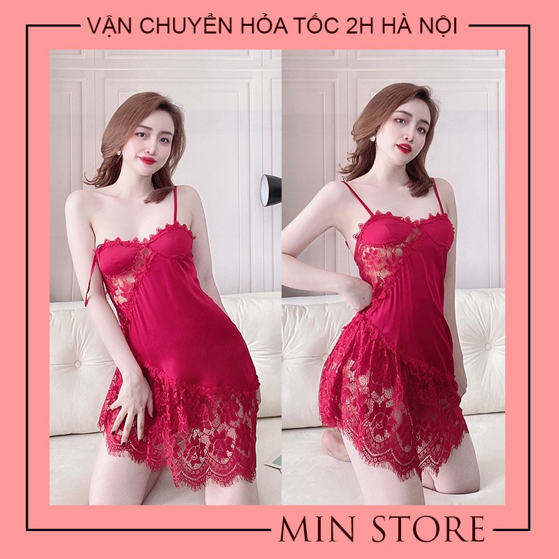 Váy ngủ sexy cao cấp gợi cảm 2 dây lụa satin có mút phối ren mi xéo sườn cực đẹp V005 | BigBuy360 - bigbuy360.vn