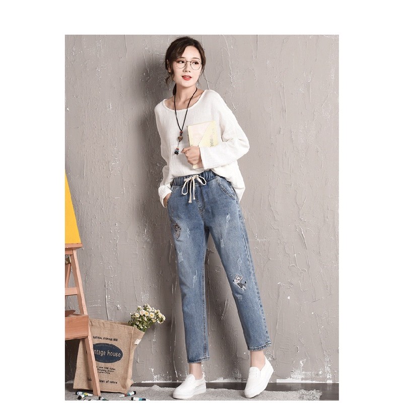 Quần jean nữ big size baggy lưng thun dây rút thêu mèo size đại 70-115kg