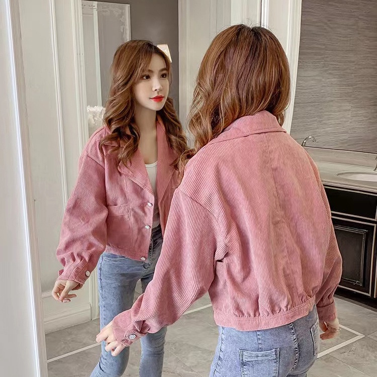 IELGY    Áo Khoác Nhung Kẻ Ngắn Giản Dị Dành Cho Nữ