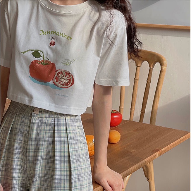 Áo thun croptop SUXI eo cao tay ngắn cổ tròn in hình trái cây đơn giản thời trang mùa hè cho nữ