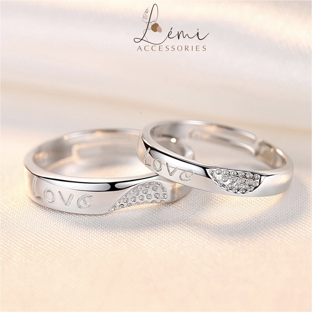 Nhẫn đôi mạ bạc s925 khắc lazer chữ love bền màu có thể điều chỉnh size theo kích thước ngón tay Lemi accessories