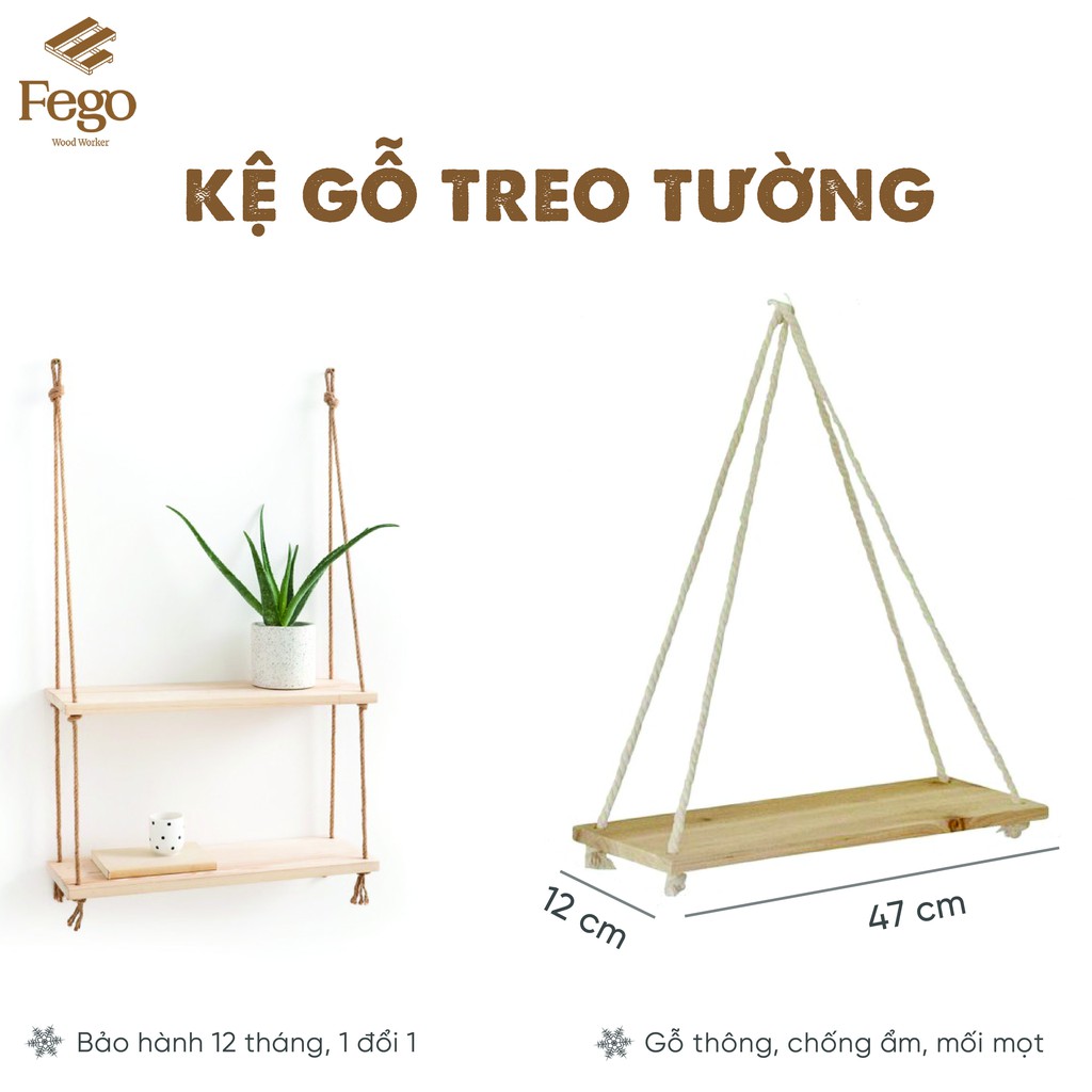 Kệ gỗ treo tường dây thừng FEGO/ decor trang trí nhà cửa