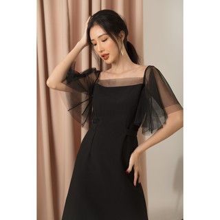 ĐẦM THẮT NƠ EO PHỐI TAY SHEER - D1118
