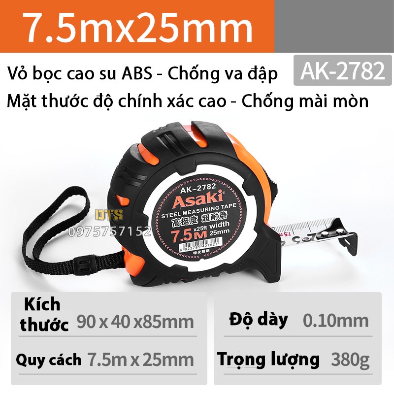 Thước kéo 7.5m chống va đập Asaki AK-2782, thước rút nền trắng số to rõ ràng, thước cuộn thép chính xác cao vỏ cao su