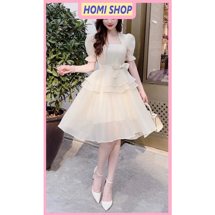 Đầm voan xòe dự tiệc màu kem - Váy 2 tầng công chúa siêu xinh đi làm, đi đám cươí, đi chơi cho nữ hàng thiết kế cao cấp