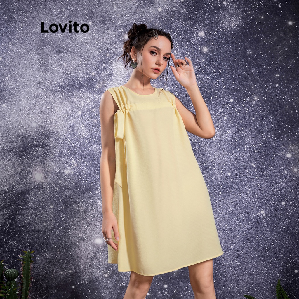 Lovito STAR GIRL Dây rút trơn giản dị Đầm nữ chữ A phức hợp L32AE026 (Vàng nhạt)