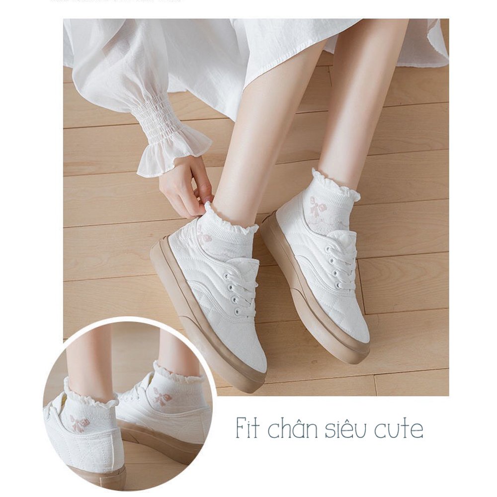 Tất nữ cổ ngắn bèo nhún màu trắng điểm họa tiết phong cách hàn quốc xinh xắn đáng yêu chất liệu co dãn thấm hút mồ hôi